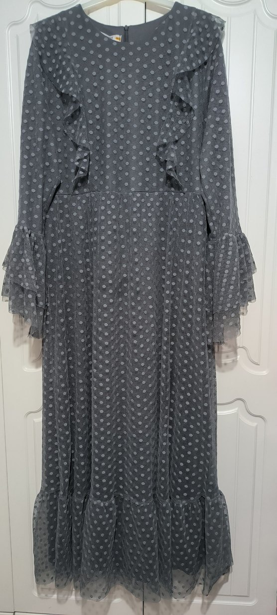 Uzun Kollu Gri Puantiyeli Gotik Elbise - Görsel 2
