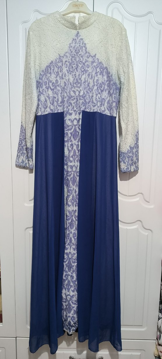 Uzun Kollu Nakışlı Mavi Kadın Elbise - Görsel 2