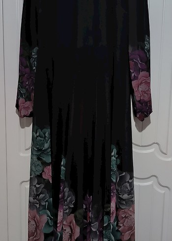 Siyah Uzun Kollu Çiçek Desenli Uzun Elbise - Görsel 2