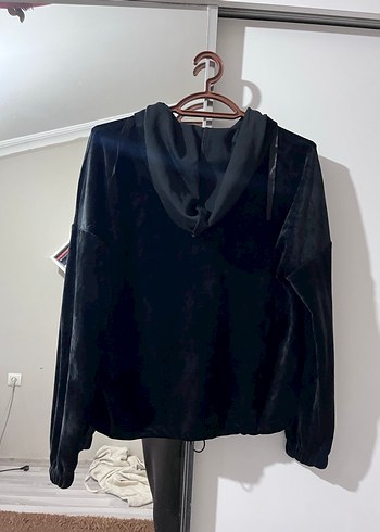 Siyah Kadın Kadife Kapüşonlu Fermuarlı Sweatshirt - Görsel 2