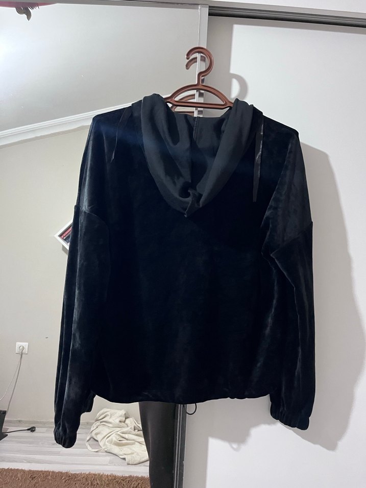 Siyah Kadın Kadife Kapüşonlu Fermuarlı Sweatshirt - Görsel 2