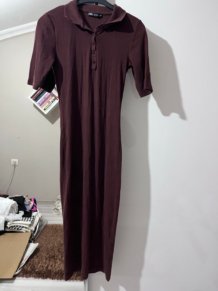 Kahverengi Zara Uzun Drapeli Kadın Elbise - Görsel 2