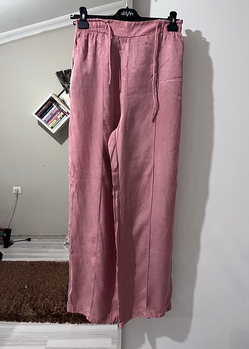 Pembe Uzun Saten Görünümlü Salaş Kadın Kumaş Pantolon - Görsel 3