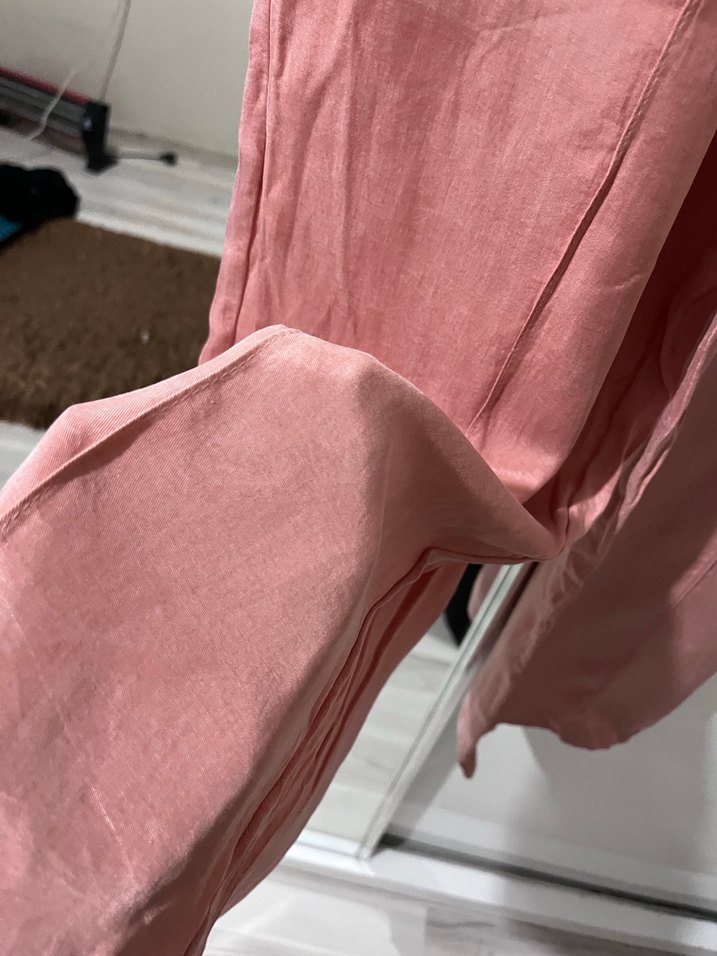 Pembe Uzun Saten Görünümlü Salaş Kadın Kumaş Pantolon - Görsel 2