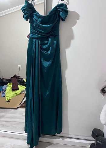 Parlak Turkuaz Drapeli Uzun Abiye Elbise - Görsel 2