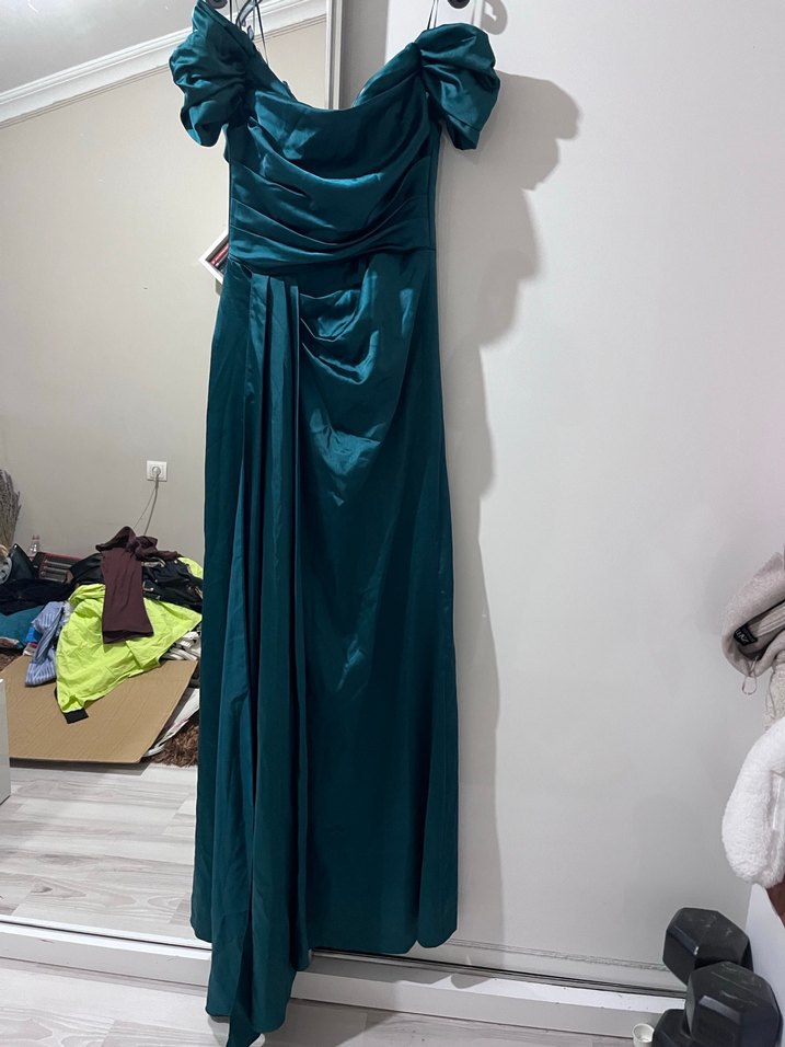 Parlak Turkuaz Drapeli Uzun Abiye Elbise - Görsel 2