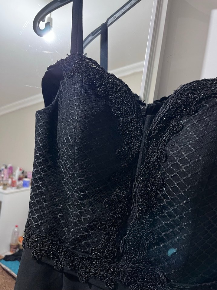 Siyah Uzun İnce Askılı  Abiye Elbise - Görsel 3