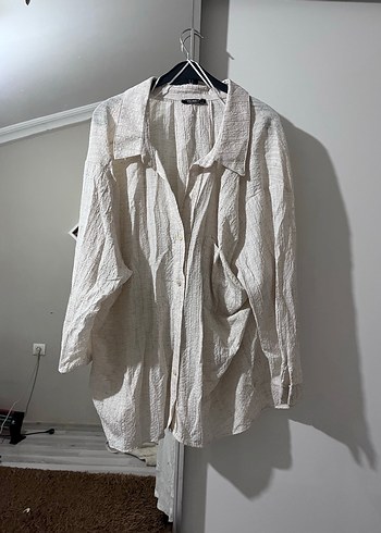 Kadın Beyaz Keten Düğmeli Uzun Kollu Takım - Görsel 2