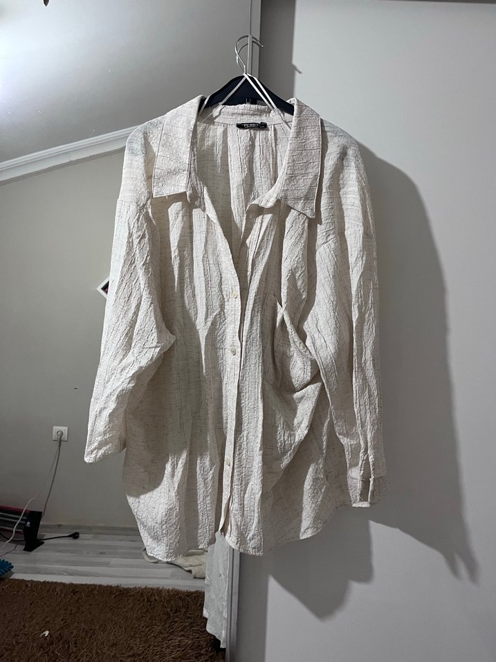 Kadın Beyaz Keten Düğmeli Uzun Kollu Takım - Görsel 2