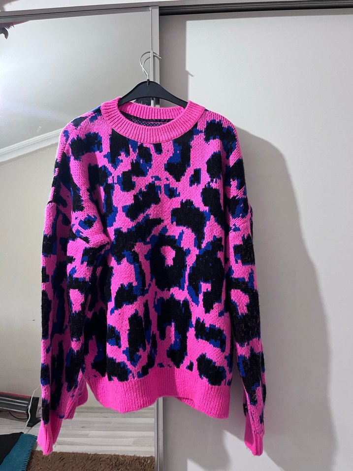 Kadın Pembe Batik Desenli Örgü Salaş Kazak - Görsel 2