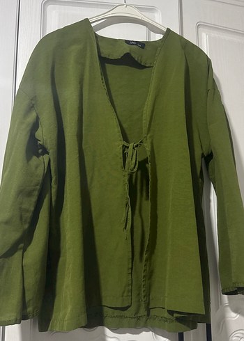 Yeşil Bol Kesim Midi Keten Kimono - Görsel 2