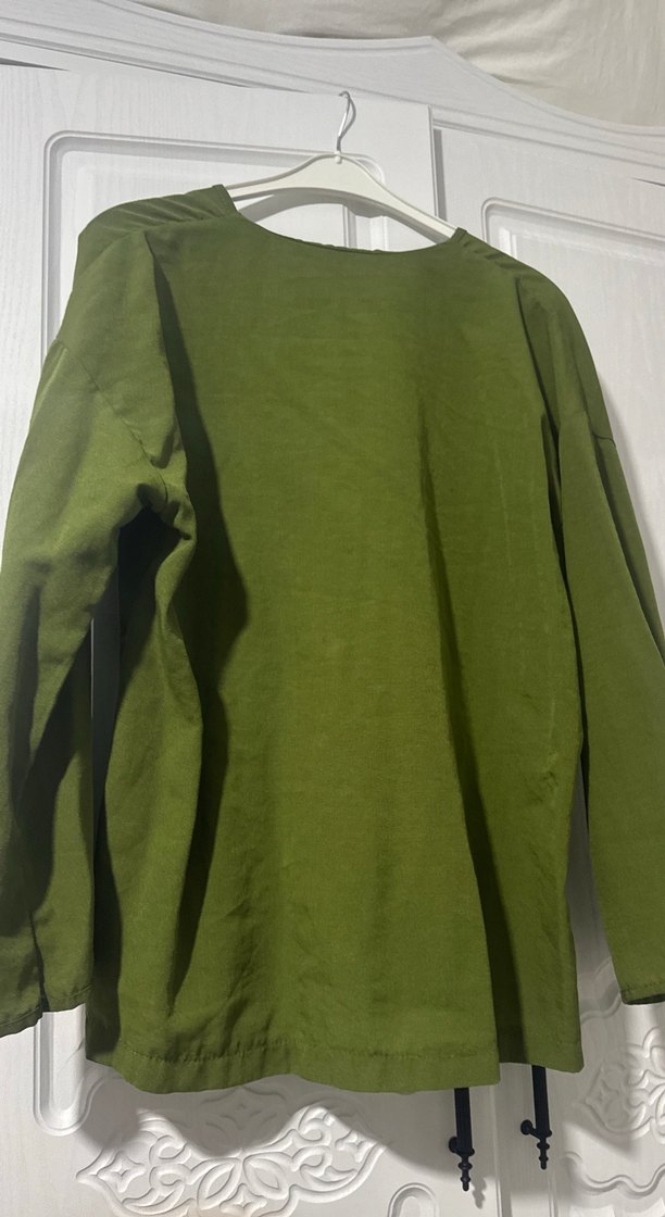 Yeşil Bol Kesim Midi Keten Kimono - Görsel 3