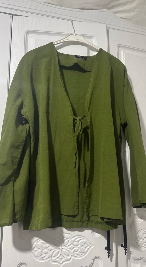 Yeşil Bol Kesim Midi Keten Kimono - Görsel 2