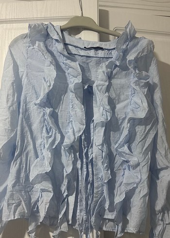 Kadın Mavi Keten Fırfırlı Uzun Kollu Gömlek - Görsel 2