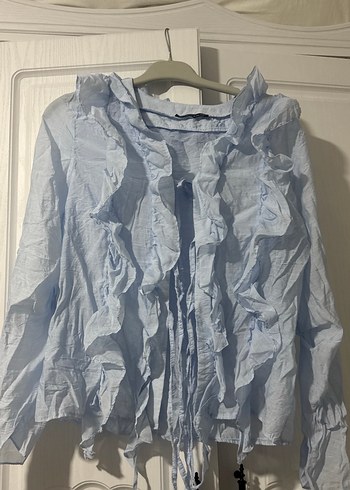 Kadın Mavi Keten Fırfırlı Uzun Kollu Gömlek - Görsel 3