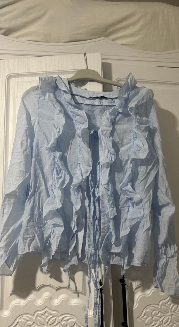 Kadın Mavi Keten Fırfırlı Uzun Kollu Gömlek - Görsel 3