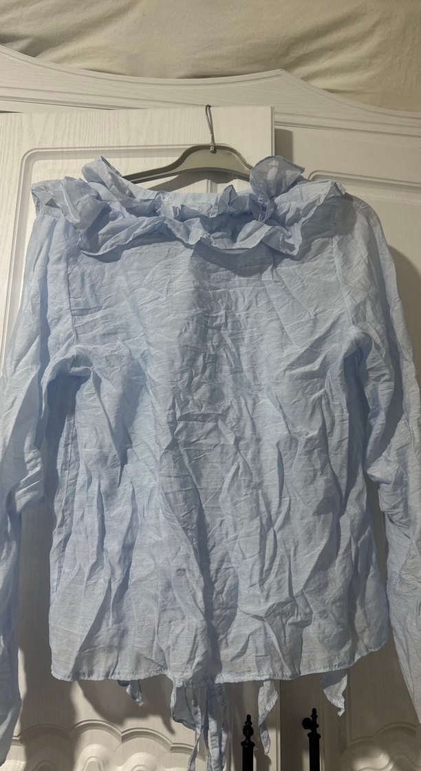 Kadın Mavi Keten Fırfırlı Uzun Kollu Gömlek - Görsel 4