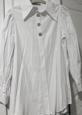 Düğmeli Beyaz Keten Midi Kadın Gömlek - Görsel 2