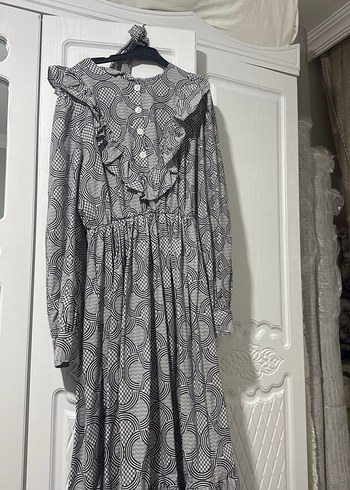 Gri Bohem Uzun Keten Elbise - Görsel 2