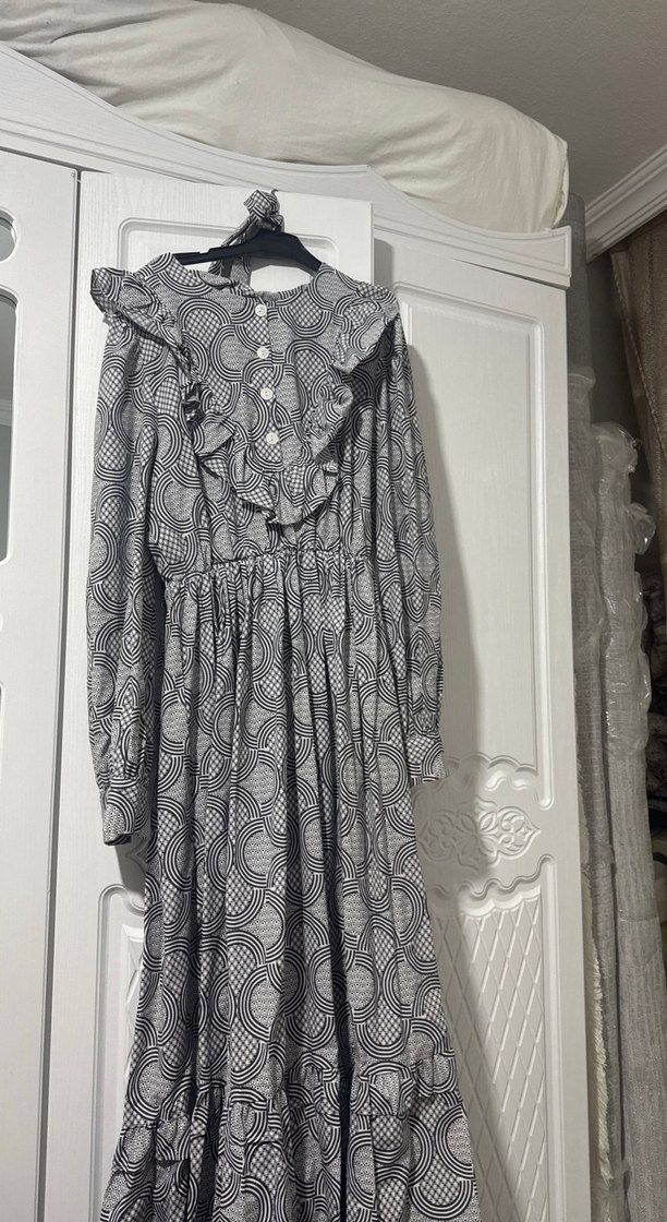 Gri Bohem Uzun Keten Elbise - Görsel 2