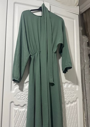 Uzun Kollu Yeşil Salaş Keten Elbise - Görsel 2