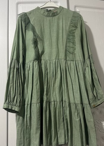 Yeşil Keten Uzun Kollu Fırfırlı Tunik - Görsel 2