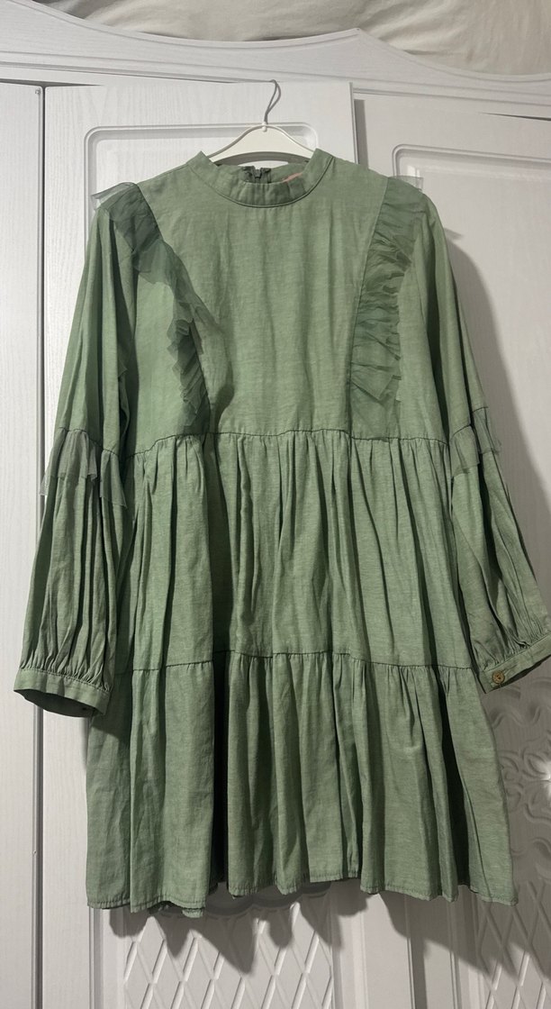 Yeşil Keten Uzun Kollu Fırfırlı Tunik - Görsel 2