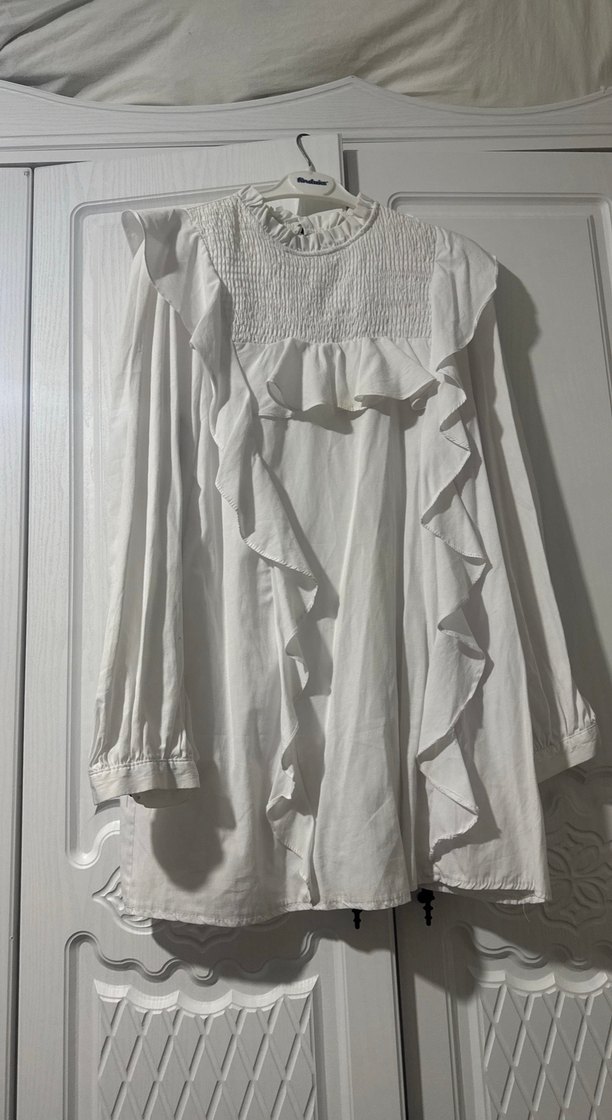 Fırfırlı Beyaz  Keten Bluz - Görsel 2