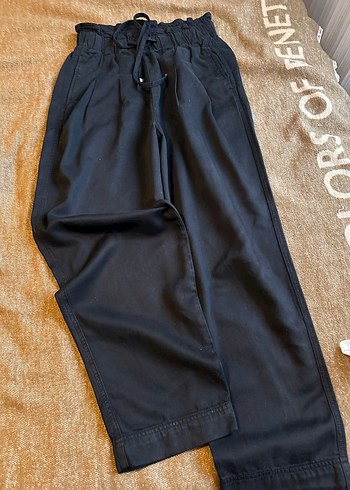 Siyah Keten Beli Bağlamalı Bol Kesim Pantolon - Görsel 2