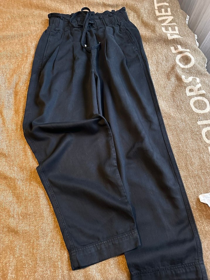 Siyah Keten Beli Bağlamalı Bol Kesim Pantolon - Görsel 2