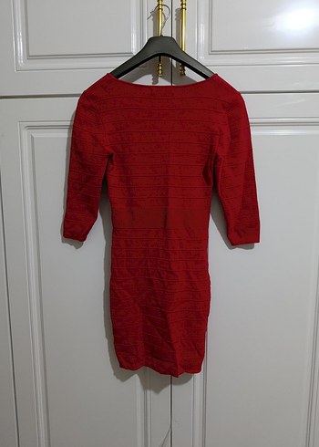 Kırmızı V Yakalı Triko Kadın Elbise - Görsel 2
