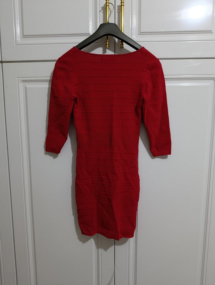 Kırmızı V Yakalı Triko Kadın Elbise - Görsel 2