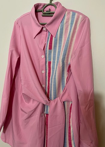 Shein Düğmeli Uzun Kollu Pembe Kadın Gömlek - Görsel 2