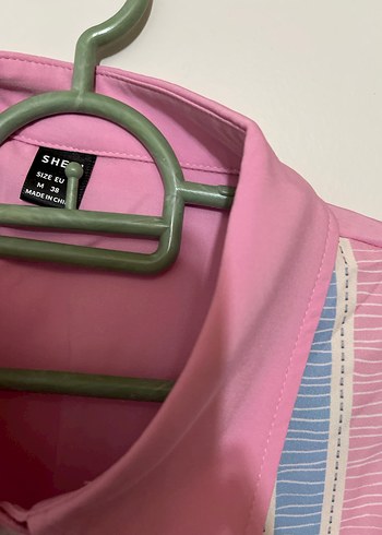 Shein Düğmeli Uzun Kollu Pembe Kadın Gömlek - Görsel 4