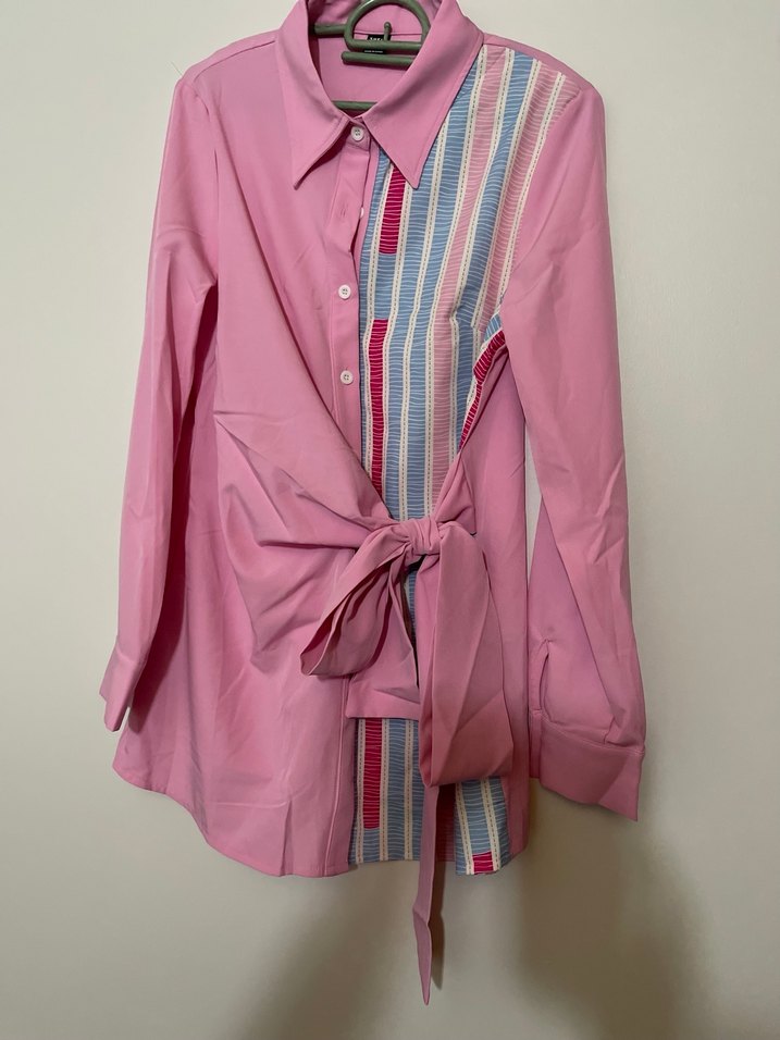 Shein Düğmeli Uzun Kollu Pembe Kadın Gömlek - Görsel 3