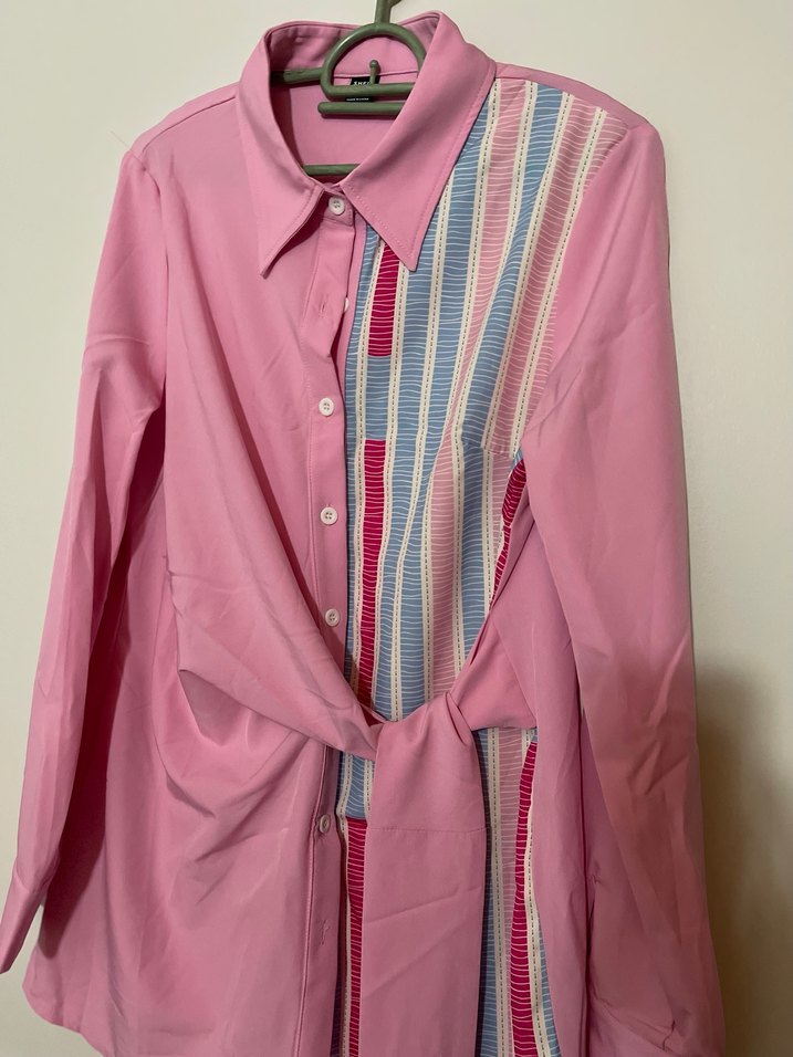 Shein Düğmeli Uzun Kollu Pembe Kadın Gömlek - Görsel 2