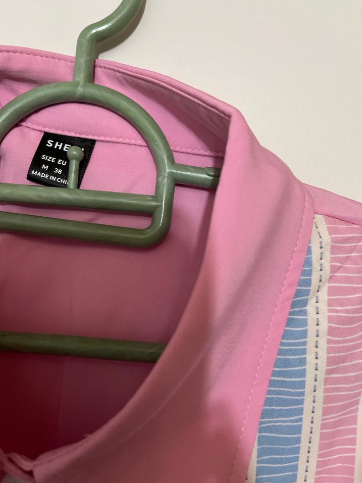 Shein Düğmeli Uzun Kollu Pembe Kadın Gömlek - Görsel 4