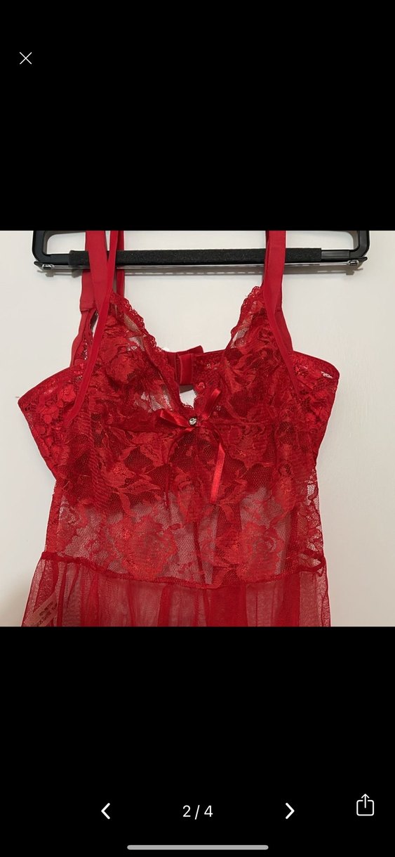 İki parça Kırmızı İşlemeli Mini Askılı Kadın Gecelik - Görsel 3