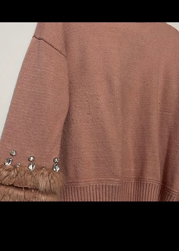 Shein Kürklü Detaylı Bej Kadın Triko Kazak - Görsel 3