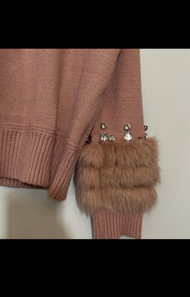 Shein Kürklü Detaylı Bej Kadın Triko Kazak - Görsel 2