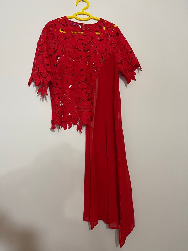 Kırmızı Nakışlı Dantel Bohem Uzun Kollu Bluz - Görsel 2