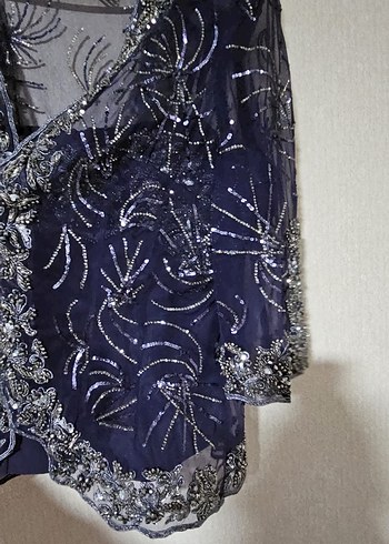 İki parça Nakışlı Lacivert Vintage kadın Abiye Elbise - Görsel 4