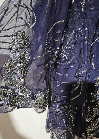 İki parça Nakışlı Lacivert Vintage kadın Abiye Elbise - Görsel 5