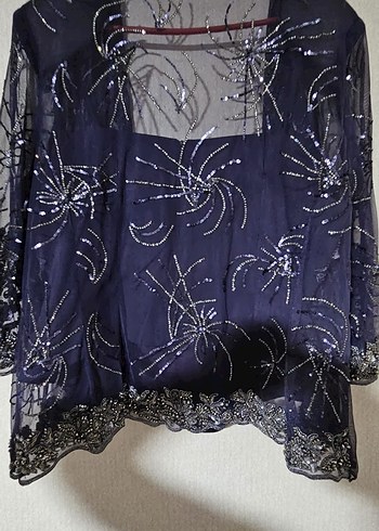 İki parça Nakışlı Lacivert Vintage kadın Abiye Elbise - Görsel 3