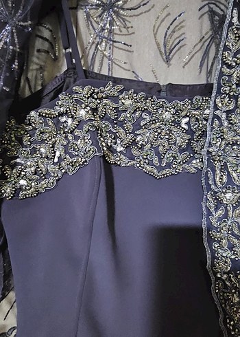 İki parça Nakışlı Lacivert Vintage kadın Abiye Elbise - Görsel 2