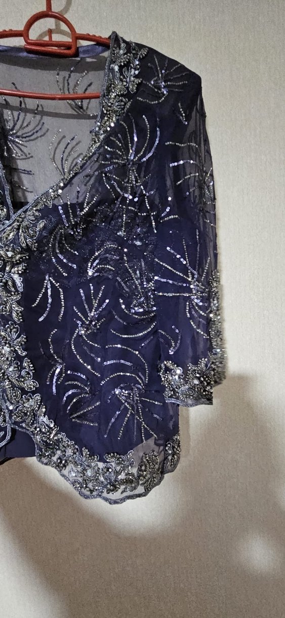 İki parça Nakışlı Lacivert Vintage kadın Abiye Elbise - Görsel 4