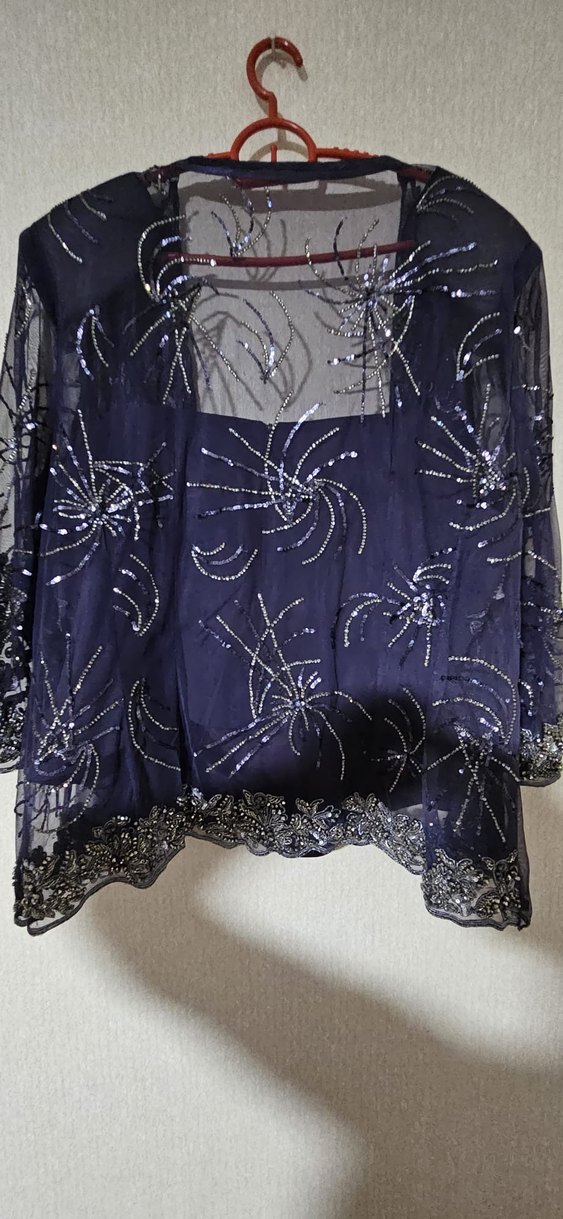 İki parça Nakışlı Lacivert Vintage kadın Abiye Elbise - Görsel 3