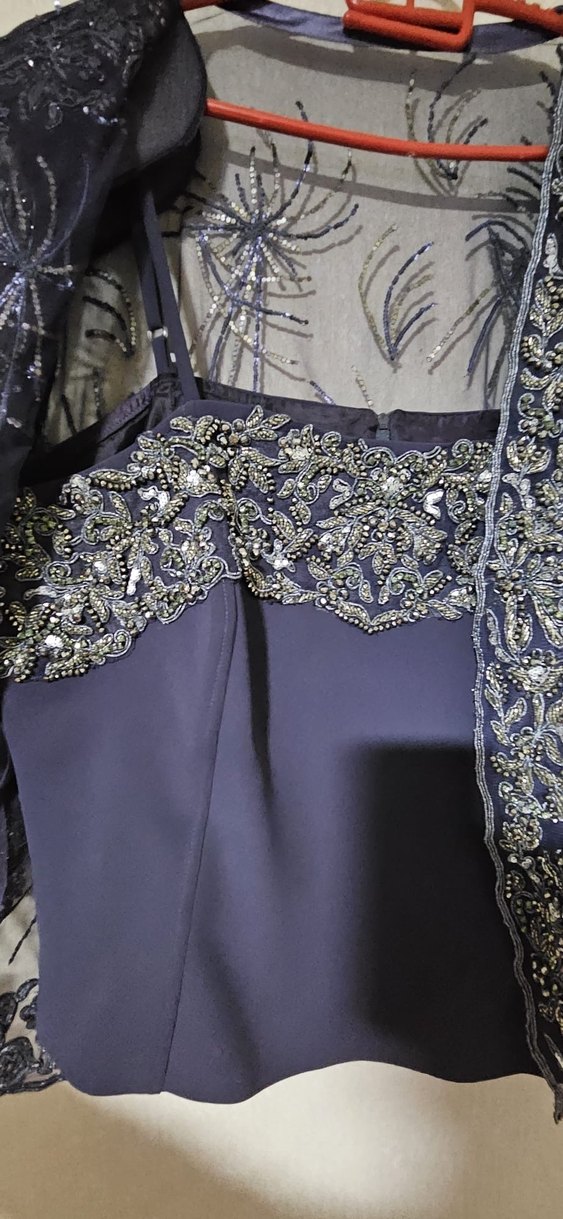 İki parça Nakışlı Lacivert Vintage kadın Abiye Elbise - Görsel 2