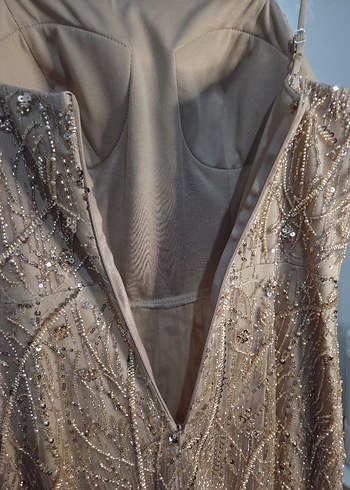 Bej Nakışlı Uzun Abiye Elbise - Görsel 14