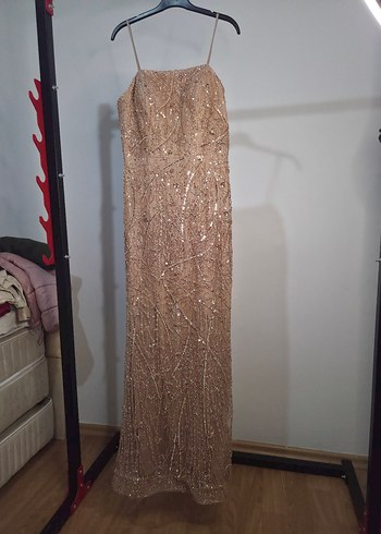 Bej Nakışlı Uzun Abiye Elbise - Görsel 2